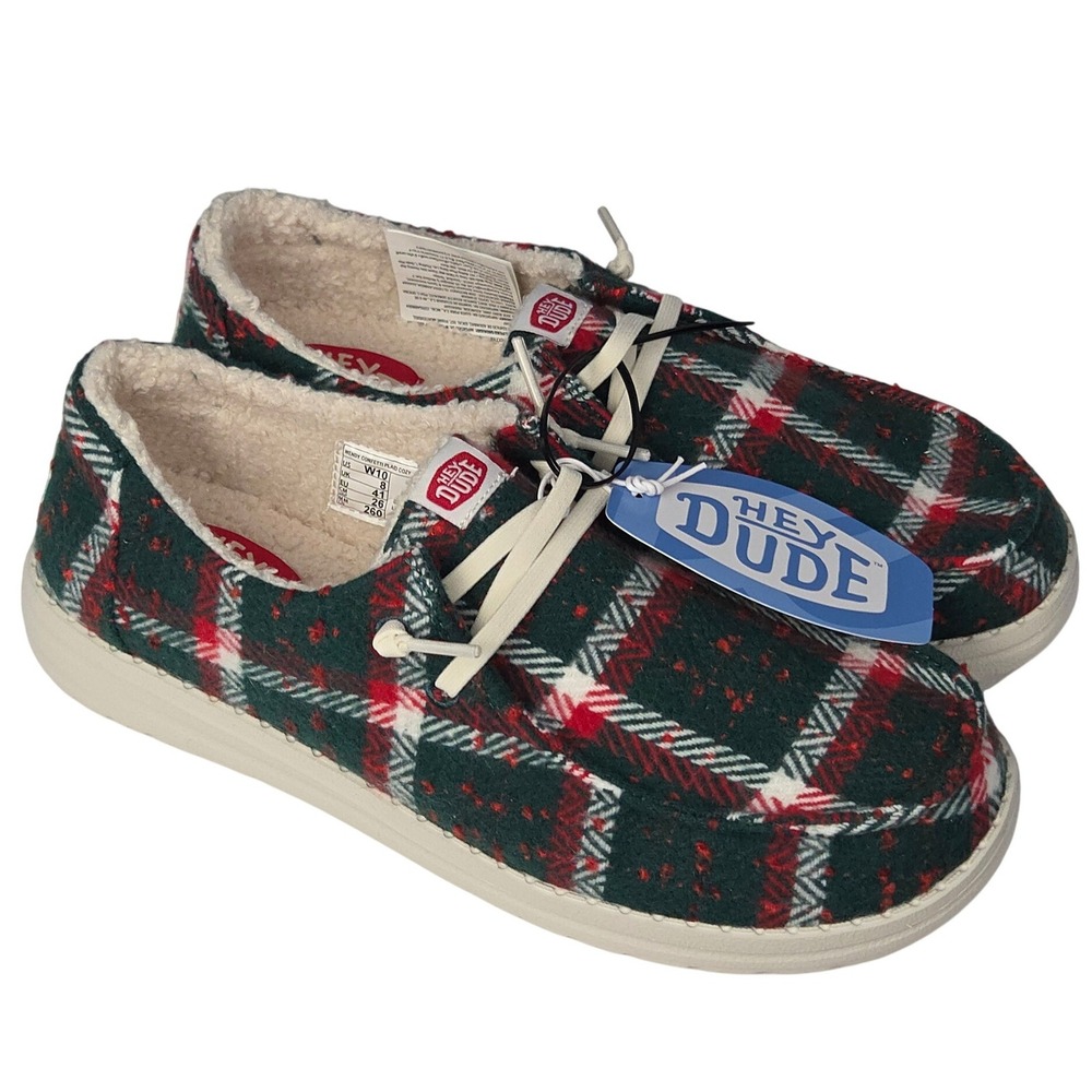 Hey Dude Wendy Plaid Loafers Women 10 Red Green Cozy Christmas Slip On Shoes New
